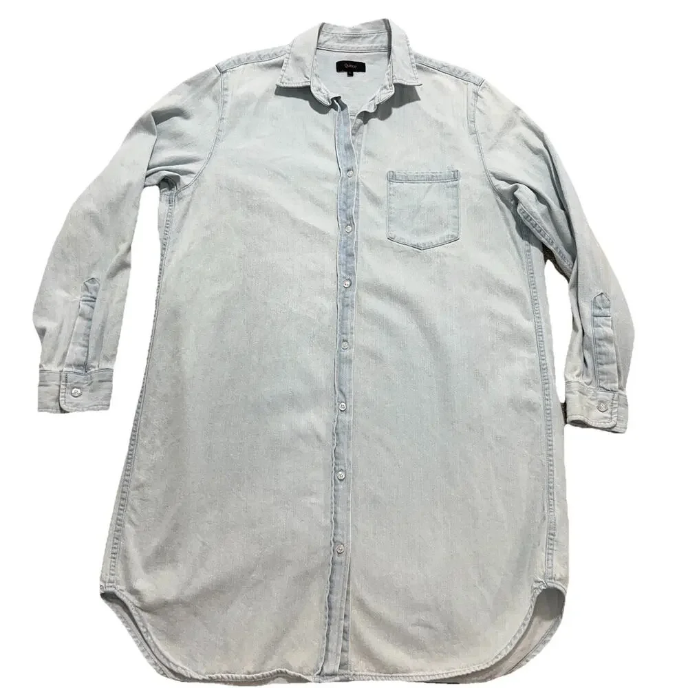 QUINCE Womens L Distressed Denim Mini Shirt Dress in Light Chambray - Picture 2 of 8